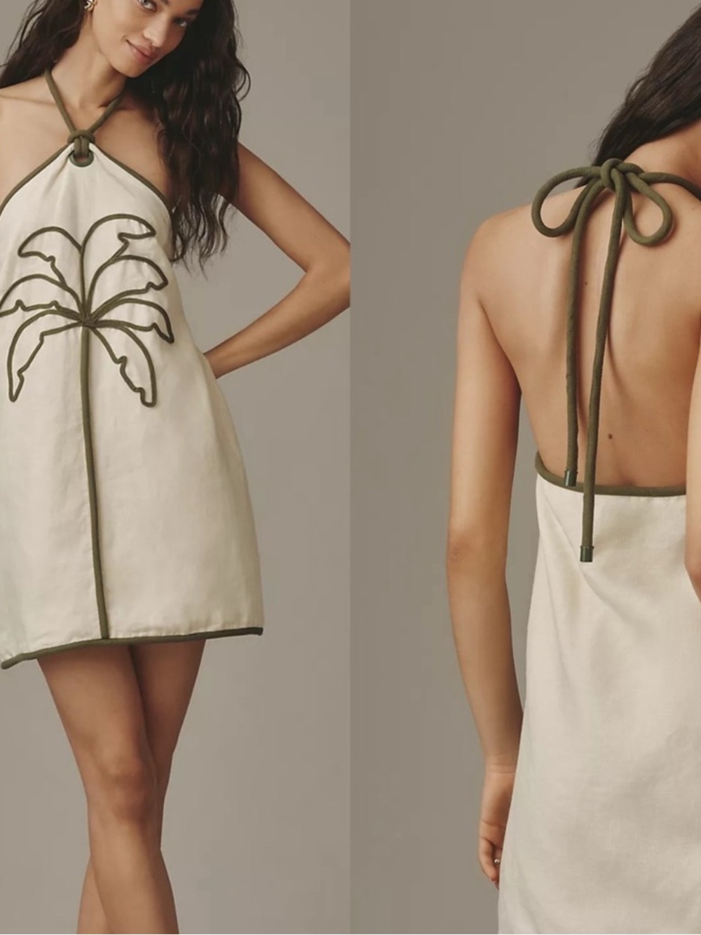 FARM Rio Ivory Backless Halter Mini with Olive Trim & Palm Motif